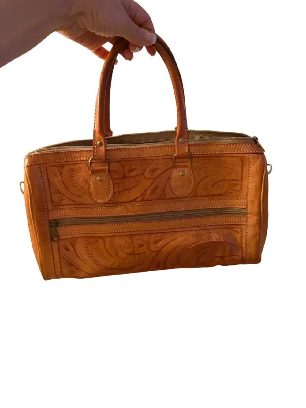 Vintage Womens Rectangular Hand-tooled Leather Handbag Top Handles Tan Western
